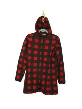 LL Bean Sweater Fleece Coat Red Black Buffalo Hooded Casual Layering Medium